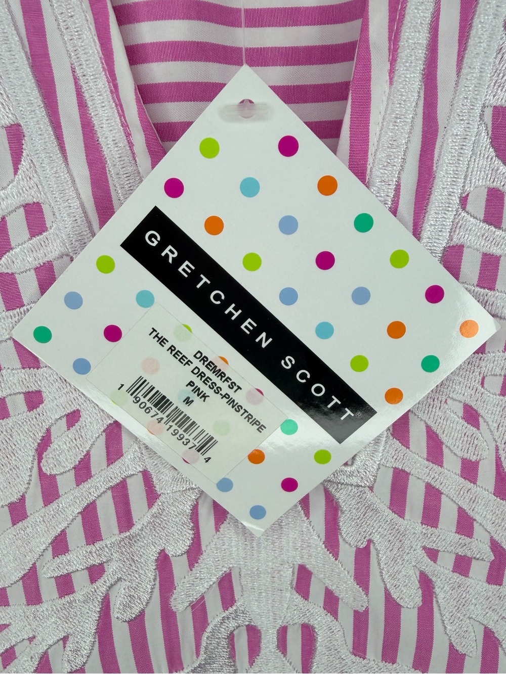 NWT Gretchen Scott The Reef Embroidered Pinstripe Dress Medium Pink White Pocket - Picture 5 of 10